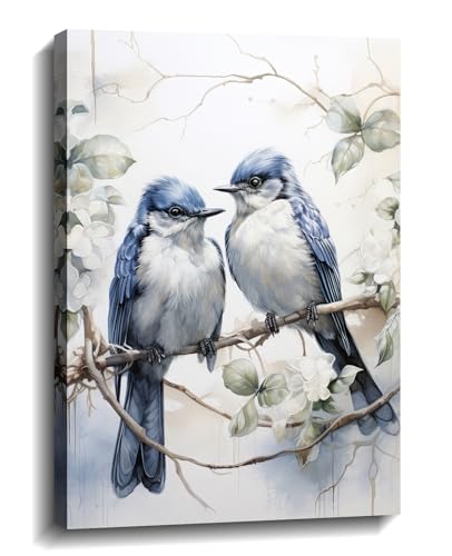 MOSTUNNA Bird Canvas Wall Art Blue Gray Couple Birds on Branch Picture Modern Romantic Painting Prints Home Decor for Bedroom Bathroom Living Room Office(Artwork-2,12.00"x18.00")