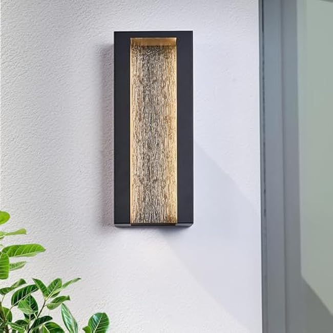 Modern Outdoor Wall Lights, IP65 Waterproof & Anti-Rust, 1800 Lumens Dimmable LED Porch Lights, Textured Black Metal with Art Glass, Warm White, Wall Mount for Patio, Entryway, Balcony