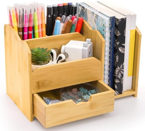 Bamboo Desk Organizer, Multi Use Tabletop Storage Office Supplies...