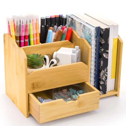 ZAVOOS Bamboo Desk Organizer, Multi Use Tabletop Storage Office Supplies