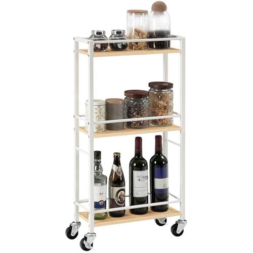 MAHANCRIS 3-Tier Slim Rolling Cart, Mobile Utility Cart on Wheels, Narrow Shelving Unit for Small Space, Wooden Kitchen Storage Rack, for Bathroom, Laundry, Living Room, White ARCBN1501