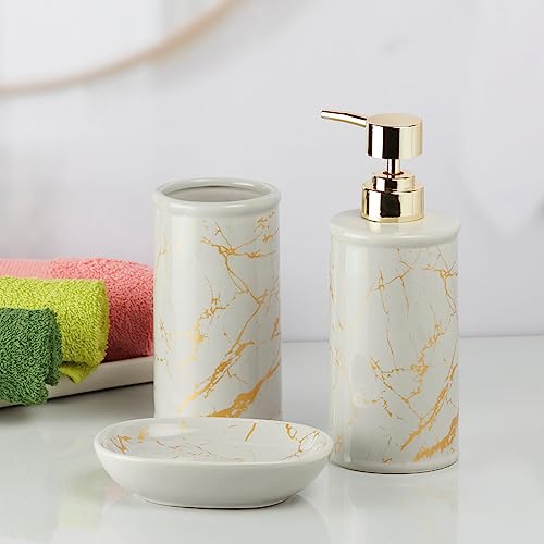 Image of SaSaSa Ceramic Bathroom Set of 3 Modern Bath Accessories Kit with Soap Dispenser, Toothbrush Holder & Dish - Stylish & Elegant Bathroom Decor, Grey /Gold (9731)