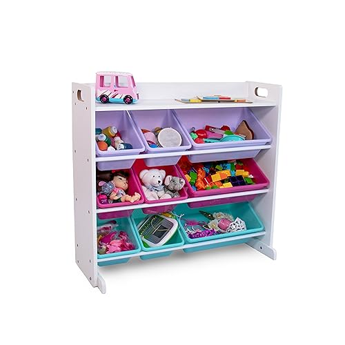 Humble Crew Crafts and Toy Storage Organizer with Top Shelf and 9 Removable Bins, White/Pink/Purple/Aqua Toddler Bookshelf with Organizer – Modern Rack Ideal for Kids’ Rooms, Playrooms, and Nurseries