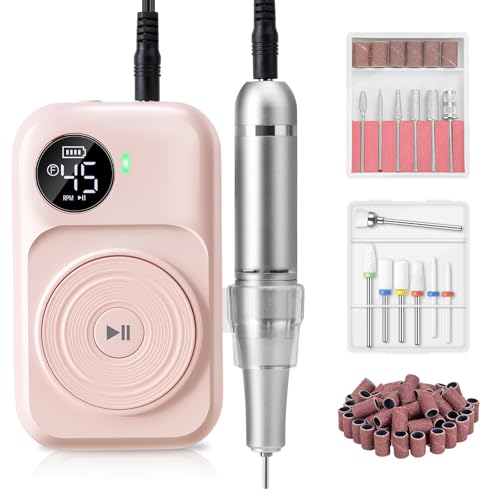 Madenia 充電式 プロ用 ネイルマシン - 45000 RPM 電動ネイルマシン アクリルネイル ジェルネイルケア ポータブル 高速回転 正逆回転 無階段変速 一時止め サロン 自宅 旅行用 ネイルドリル 使いやすい 高性能 ネイルケア ネイルビット＆サンディングバンド付け ピンク