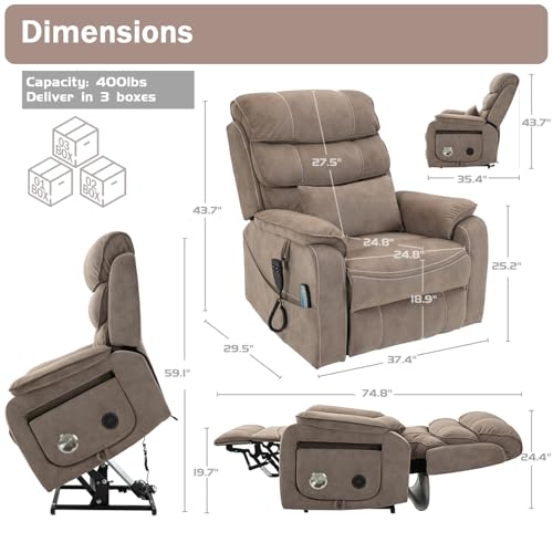 Power Lift Recliner Chair for Adults Elderly Lay Flat Velvet Recliners with Massage Heating, Extended Footrest, Wireless Charging Device, USB Ports, Cup Holder, Lumbar Pillow