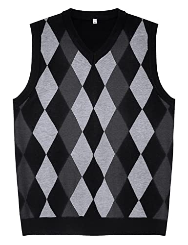 Amussiar Men's Soft Argyle Sweater Vest Slim Fit V-Neck Knitted Warm Pullover Vest Grey #TOP4