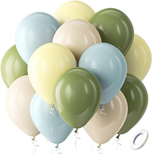 Image of Dusty Blue Sage Green Pastel Yellow Latex Balloons Kit 60pcs 12-in | Light Baby Blue Olive Green Butter Yellow Helium Balloons with 1 ribbon for Kids Birthday Wedding Baby Shower Party Decor