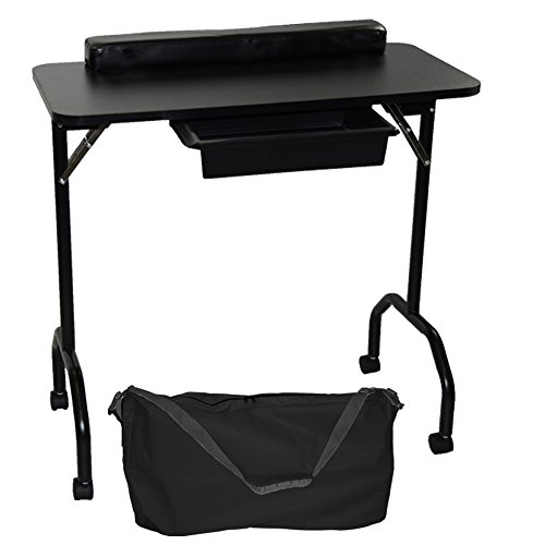 LCL Beauty Black Portable Folding 1-Drawer Manicure Table with Client Wrist Pad and Free Carrying Case