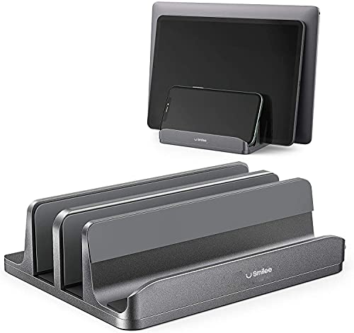 Smilee Vertical Laptop Stand, 3 Slots for Laptop, Tablet, Phone - Fits All Laptop Models (up to 17.3") - Heavy Duty Polished Aluminum Desktop Holder - Anti Slide Silicone Grips (Grey,3 Slots)