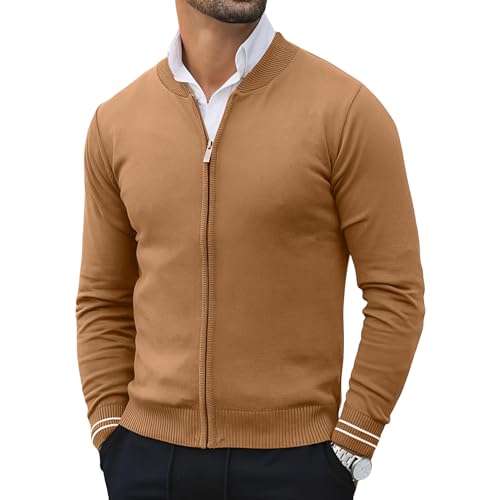 Lexiart Men's Casual Cardigan Sweaters Knitted Stand Collar Slim Fit Full-Zip Warm Jacket