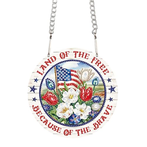 Image of DIY Independence Day Diamond Painting Hanging Kit, 5D Acrylic Special Shaped Crystal Diamond Art Pendant, inchLand of The Free inch Patriotic Wall Decor for Home, Door, or Garden, 4th of July Gift for Adults