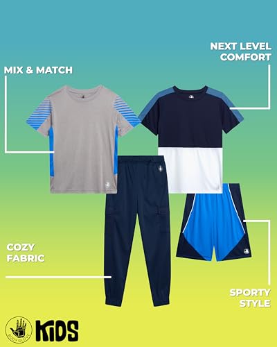 Image of Body Glove Boys Active Pants Set - 4 Piece Short Sleeve Boys Athletic Shirts, Tricot Jogger Pants, and Shorts Activewear Set