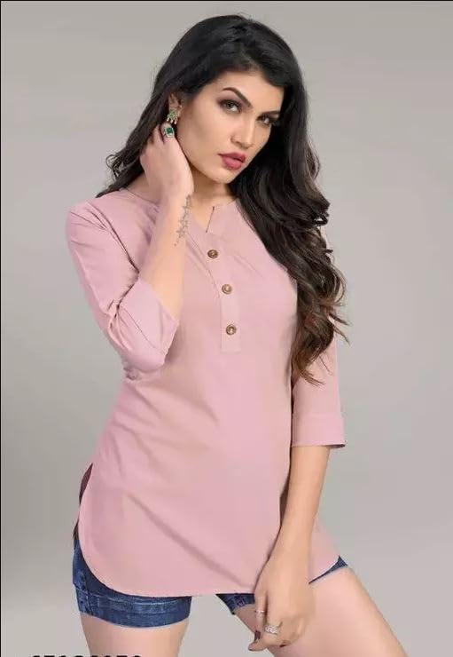 Image of Himanshi Enterprises Women's Traditional Casual 3 /4 Sleeves Mandarin Nack Rayon Solid Short Kurti