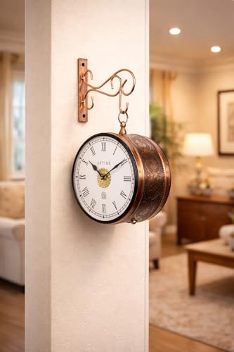 Image of Handcrafted Double Side Metal Analog Vintage Wall Clock | 1.5 Year Machine Warranty | 8 INCHES | 1 Side Number 1 Side Roman,Color Copper