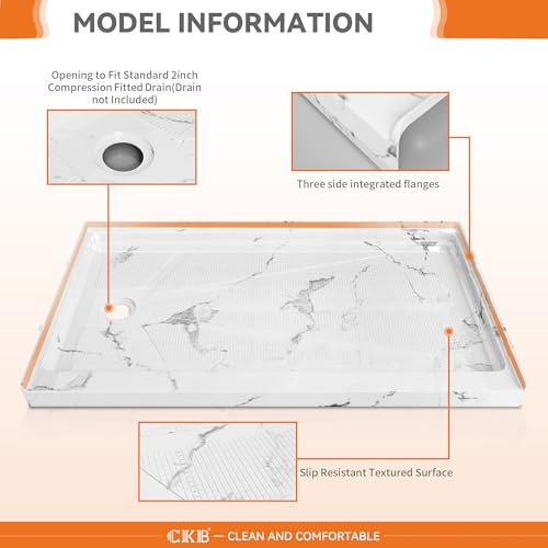 CKB 60 in. L x 30 in. W Left Drain Shower Base, Single Threshold Shower pan with Slip Resistant Textured Surface, Marble White