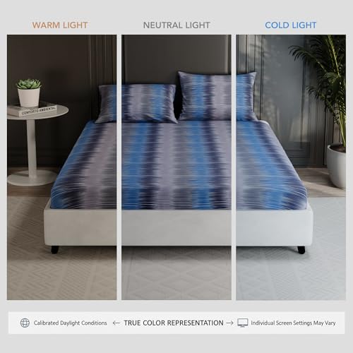 Image of BLISSHOME Everlast 150TC King Size Fitted Bedsheet with 2 Pillow Covers, Aesthetic Bedding, Wrinkle Resistant, 100+ Wash Durable, Quick Dry, Geometric Pattern - Blue (183cm x 198cm + 25cm Drop)