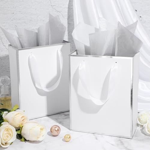 Image of Yeaqee 24 Pack Metallic Paper Gift Bag with Tissue, White, Silver | with Satin Ribbon Handle and Tissue, 9x7x3.1 Inch, Suit Business, Birthday, Christmas, Thank You Return Gifts Bags
