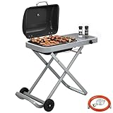 Outsunny Tragbarer Gasgrill 1 Brenner 2,5kW Grillwagen mit Faltbarem Rollwagen Grillrost Seitentisch Deckel Thermometer Fettauffangschale Tischgrill Outdoor Tischgasgrill für BBQ Camping Garten