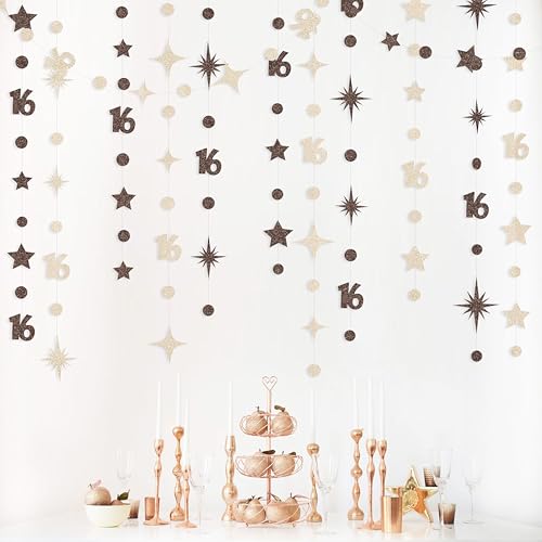 Image of Champagne Gold Brown 16th Birthday Decorations Number 16 Circle Dot Star Garland Streamer Banner Backdrop for Girls Boys Sweet Sixteen Cheers to 16 Years Old Happy 16th Birthday Party Supplies