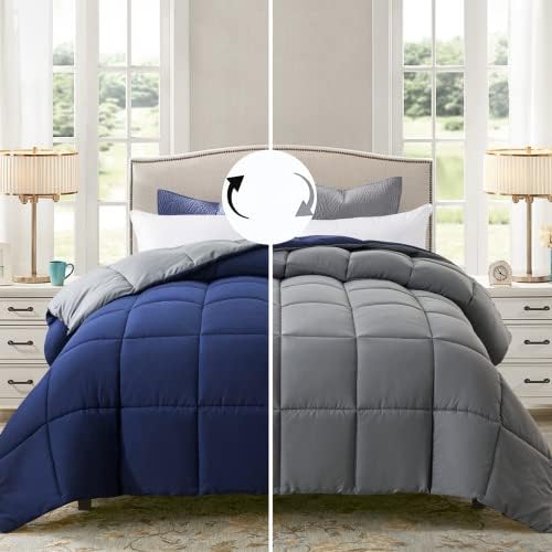 ELNIDO QUEEN All-Season Reversible Down Alternative Quilted Comforter- Corner Duvet Tabs-Machine Washable-Duvet Insert or Stand – Alone Lightweight Comforter- Navy Blue/Gray - Twin Size(64×88 Inch)