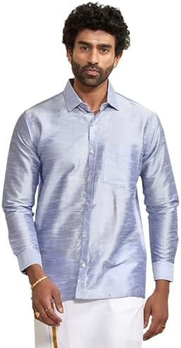 VM Men's Green Silk Blend Ethnic Shirt - Traditional Men’s Silk Shirt for Festive Occasions, Onam | Ethnic South Indian Silk Shirt Full Sleeves | Perfect for Weddings and Celebrations