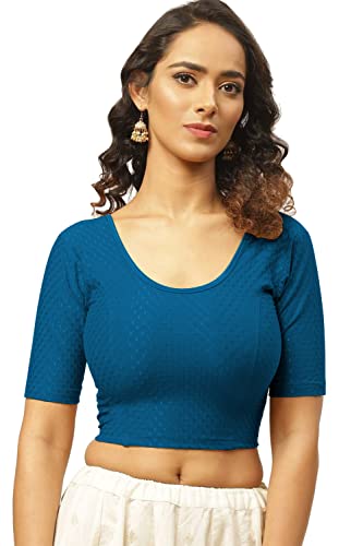 Image of Fressia Fabrics Pure Cotton 4-Way Stretch Readymade Blouse for Women | Free Size to 4XL Stretchable Round Neck Dobby Cotton Half Sleeve Readymade Saree Blouse for Women Stylish