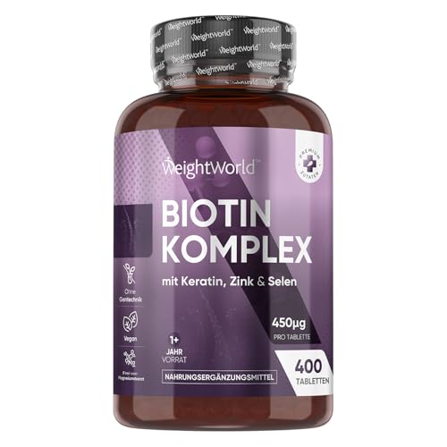 Biotin Komplex mit Keratin 25mg, Selen, Zink – 400 vegane Tabletten – 1+ Jahre Vorrat – Biotin trägt zur Erhaltung normaler Haare bei (EFSA) – Frei von Magnesiumstearat – WeightWorld