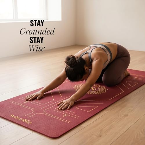 Image of Wiselife True Body Alignment Yoga Mat + Sleek Yoga Strap For Men And Women | Non-Slip Textured Extra Wide & Thick | Pro Balance Eco Tpe Exercise Mat For Home, Pilates, Gym & Fitness (6MM, Wine)