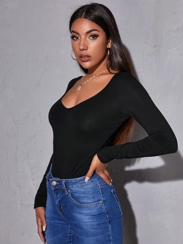 Image of Aahwan Women Cotton Blend Solid V-Neck Full Sleeves Fitted Tee Top