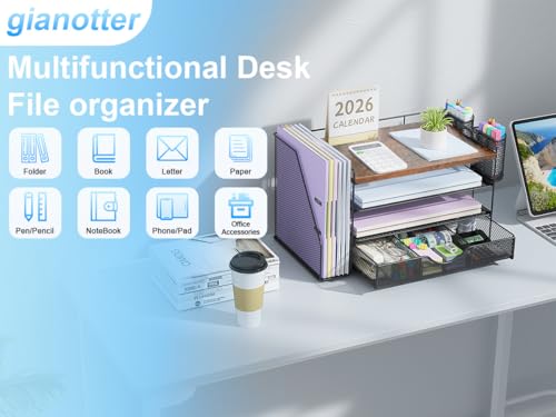 Image of gianotter Desk Organizers and Accessories with File Holder, 4-Tier Desk Accessories & Workspace Organizers with Drawer and 2 Pen Holder, Paper Organizer for Office Supplies (Wood)