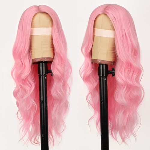 Image of AISI HAIR Pink Wig for Women, Long Wavy Lace Hairline Middle Part Synthetic Wig for Daily Party-26 Inch