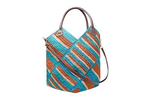 Sensi Studio, La Aventurera Striped Carry All, Unique, Green-Turquoise-Beige-Chocolate Straw/Chocolate Leather Handles