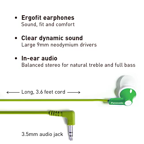 Image of Panasonic ErgoFit in-Ear Earbud Headphones RP-HJE120-G (Green) Dynamic Crystal Clear Sound, Ergonomic Comfort-Fit (Pack of 10)