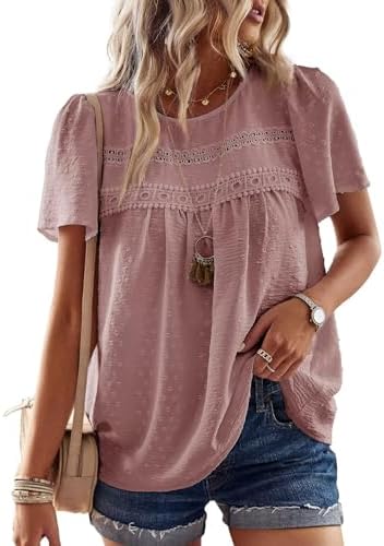TUUHAW Top Damen Sommer Boho Bluse Kurzarm Oberteile Elegant Rundhals | Swiss Dot T Shirt, Süß Casual Tunika, Lässig Fließend Outfits, Spitze Herbst Kleidung, für Büro und Alltag,