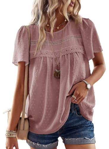 TUUHAW Pink Tops for Women UK Short Sleeve Fashion Tunic Tops Loose Flowy Summer Shirts Crewneck Chiffon Swiss Dot Business Blouses Office Going Out Fit Boho Peplum Clothes XXXXXL