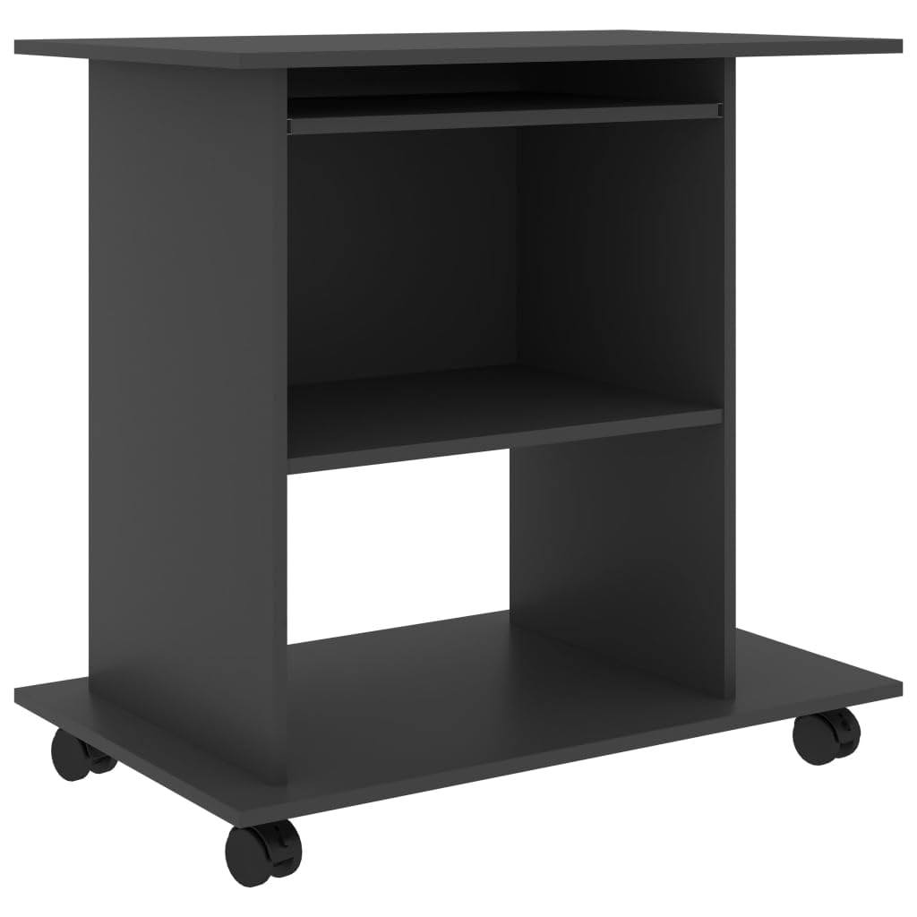 Szare biurko 80 x 50 x 75 cm, materiał drewnopochodny, z półką na klawiaturę, kółkami, regał na komputer PC, kompaktowe biurko komputerowe do domowego biura, gier