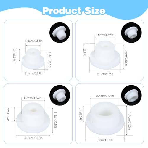 Image of JIEYAO 24 Pcs Silicone Bathtub Jet Covers, 4 Size Silicone Hole Plug, Waterproof White Tube Plugs T Type Rubber Stoppers Pipe Tube Inserts Fit for 12mm 14mm 16mm 22-23mm Bathtub Hole