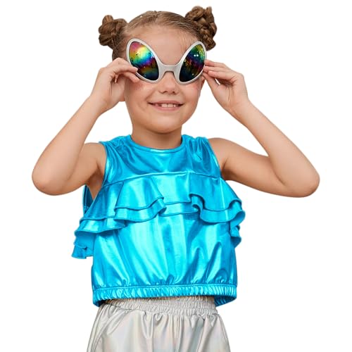 Image of Perfashion Girls Vest Metallic Half Zip Hoodie Sleeveless Leather Disco Jackets with Kangaroo Pocket 4-13Y