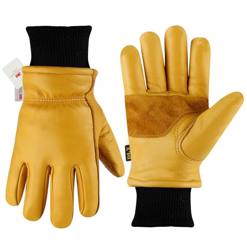 41PoWWg3JeL. SL500 DLY Winter Leather Work Gloves for Men, Warm Thinsulate Insulation, Waterproof, Abrasion & Puncture Resistant, Cowhide Leather, Ideal for Cold Weather Work, Large, Yellow, New