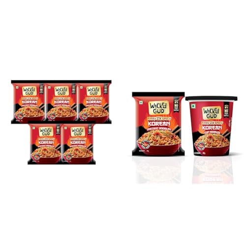 Image of WickedGud Korean Instant Noodles Fiery 2X Spicy Pack of 5 | Whole Wheat | No Palm Oil | 67g + WickedGud Fiery 2X Spicy Korean Noodles | Instant Pack and Cup Combo Pack of 2 | Whole Wheat | No Ma