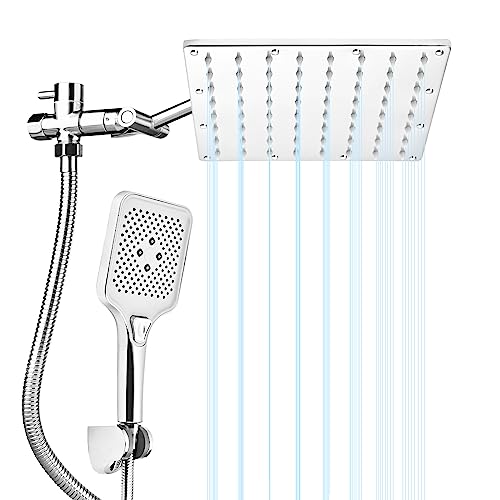 Shower Head Combo,10 Inch Anti-leak Rain Shower Head with 11 Inch Adjustable Extension Arm and 3 Settings Handheld Shower Head Combo with Holder/Hose, Height/Angle Adjustable - Chrome