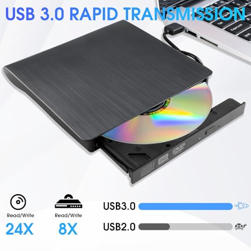 VoltCozy Grabadora CD DVD Externo USB 3.0 y USB-C Lector CD Externo y Grabadora DVD/CD +/-RW para PC y Portátil Slim con Cable Integrado Plug & Play 8X/24X Windows 11/10/8/7 MacOS Linux - imagen 3