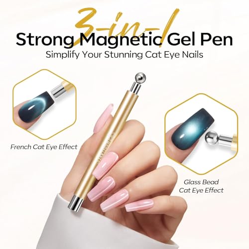 Image of modelones Cat Eye Magnet Set, 5PCS 3-in-1 Dual-Head Nail Magnet Pen with Heart, Lightning & Ball Shapes for Cateye Gel Polish, Side Light Wide Light Glass Glow Effects, DIY Nail Art Tooln
