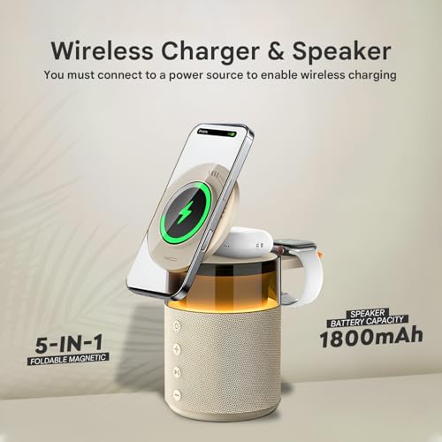 Image of Humble 5-in-1 Magnetic Wireless Charger with Bluetooth Speaker | Mag-Safe Charging Dock for iPhone Series 17 /16 /15 /14 /13 /12, iWatch & AirPods | Fast Charging Phone Stand with Night Lamp (Cream)