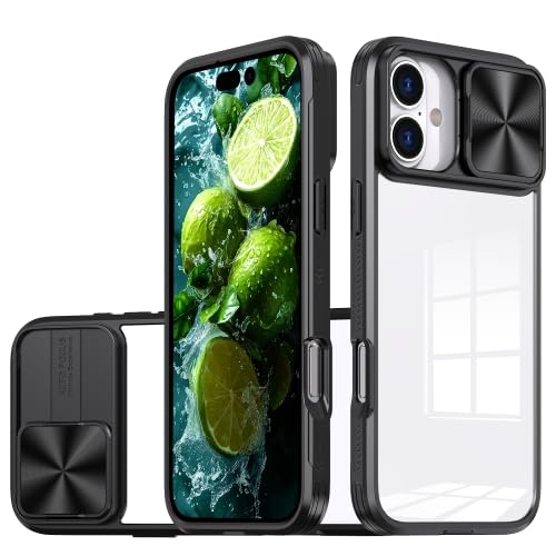 Image of Back Case Cover Compatible to Apple iPhone 16 Plus with Sliding CamShield | Acrylic + TPU Case Cover for Apple iPhone 16 Plus /iPhone 16 Plus | Black & Transparent