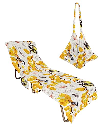 Watercolor Birds, Beach Lounge Chair Towel Cover, Soft Chaise Lounge Towel with Side Pockets Patio Pool Chairs Cover for Beach/Pool Sunbathing 29x85 Fall Gold Leaves Elegant Autumn Season