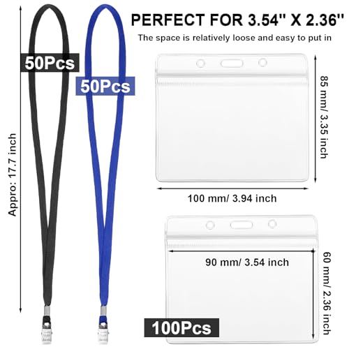 Image of Marspark 100 Sets Clear Name Tags with Lanyard, Lanyards for ID Badges Reusable Strap with ID Holder Plastic Name Badges for Adults Business School Church Conference (Black,Blue)