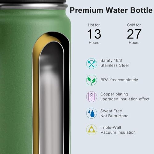 Image of koodee Insulated Water Bottle, 18 oz Stainless Steel Double Wall Vacuum Wide Mouth Sport Bottle with Leakproof Spout Lid (Grass Green)