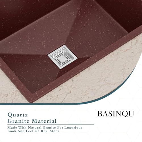 Image of BASINQU Quartz Kitchen Sink 24 x 18 x 9 Inch Granite Kitchen Sink Single Bowl Brown Quartz Sink for Kitchen Basin Sound Dampening Scratch Resistant UV-Protected Noise Reducing sinks