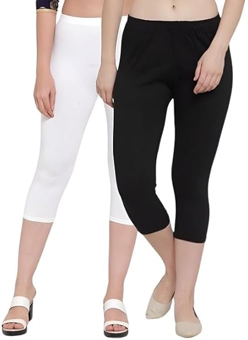 JAGMOOLYA Products Women's Premium Cotton Skinny Fit 3/4th Capri Leggings Combo (Pack of 2) |Trendy and Comfortable,Size Fit- Small to Large (White - Black)-image-15
